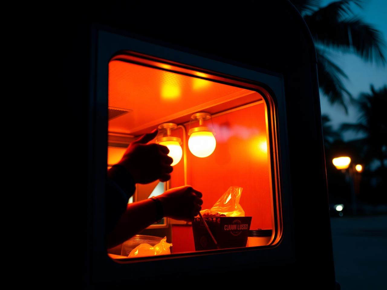 Warm glow from a Miami food truck service window at dusk